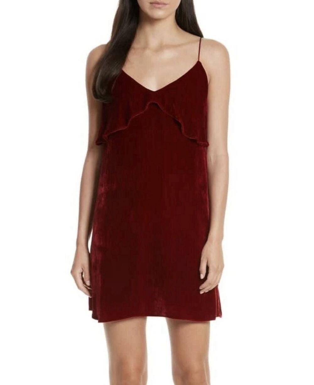 NWOT Alice + Olivia 157560 Women's Bess Ruffle Velvet Slip Dress Red Sz XS